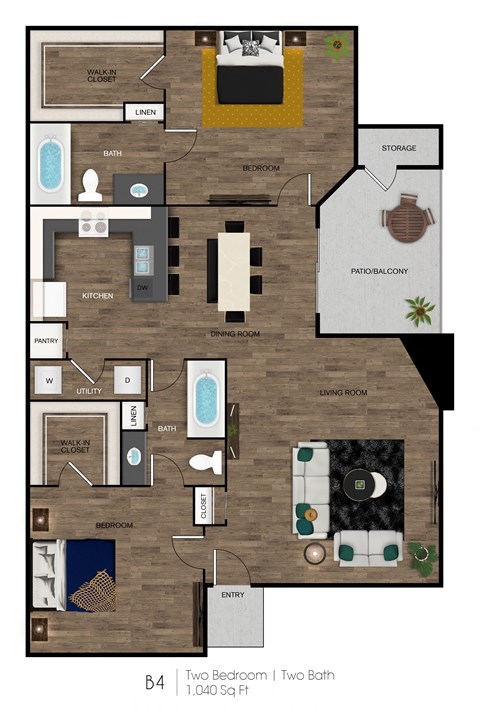 A floor plan of a two bedroom apartment with two bathrooms.
